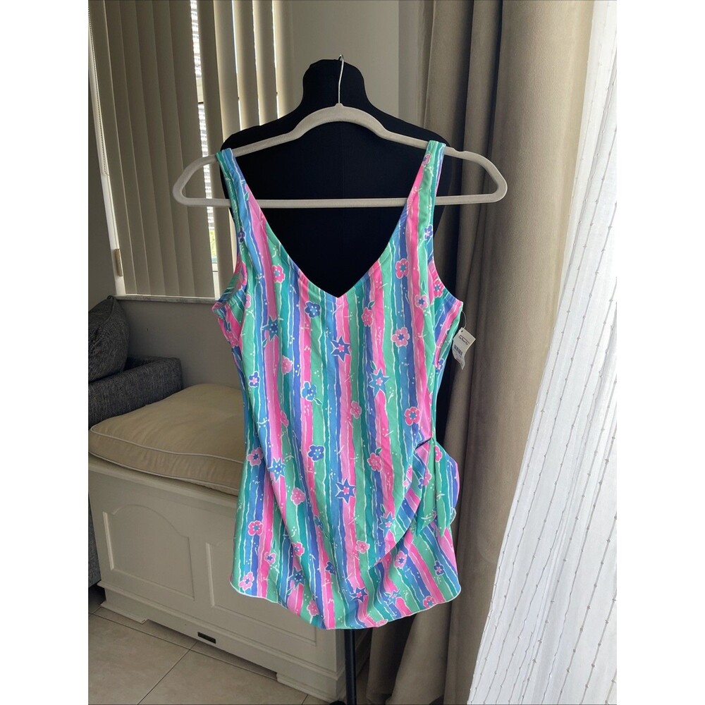 Vintage Talbots Bright Floral Striped One Piece Skirted Front Swimsuit Sz 18 USA - Picture 2 of 9